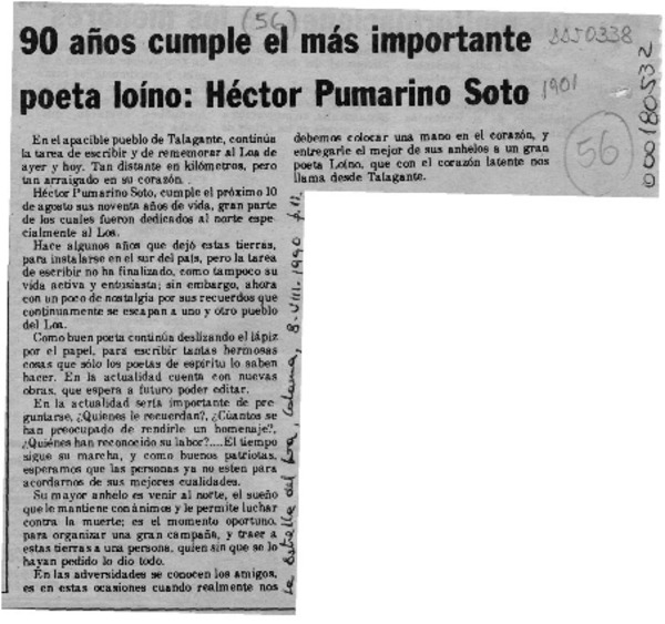 90 años cumple el más importante poeta loíno, Héctor Pumarino Soto  [artículo].