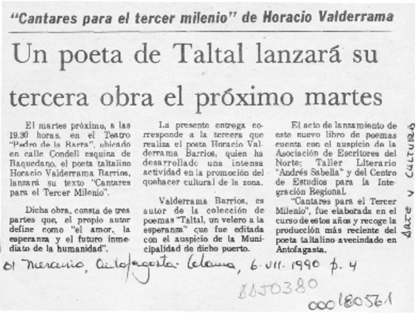 Un Poeta de Taltal lanzará su tercera obra el próximo martes  [artículo].