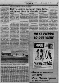 Bolivia quiere declarar como texto oficial un libro de historia chileno  [artículo] Gonzalo Espinoza.