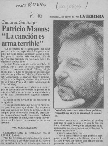 Patricio Manns, "La canción es arma terrible"  [artículo].
