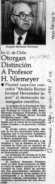 Otorgan distinción a profesor H. Niemeyer  [artículo].