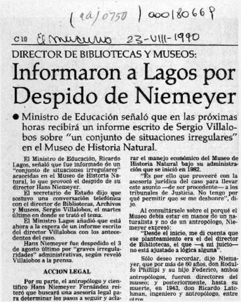 Informaron a Lagos por depido de Niemeyer  [artículo].