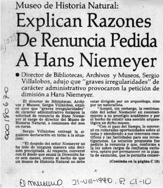 Explican razones de renuncia pedida a Hans Niemeyer  [artículo].