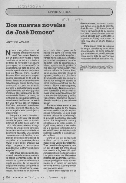 Dos nuevas novelas de José Donoso  [artículo] Antonio Avaria.