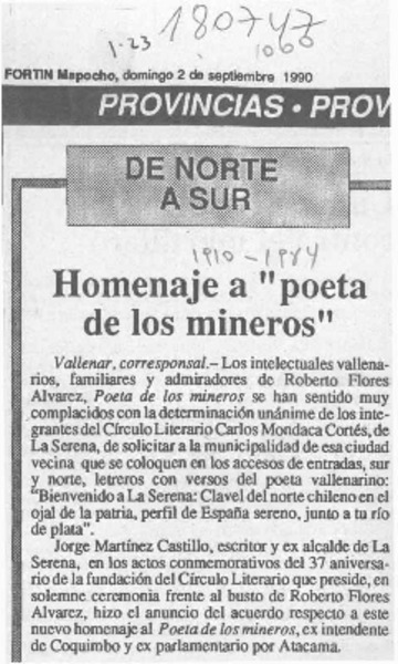 Homenaje a "poeta de los mineros"  [artículo].