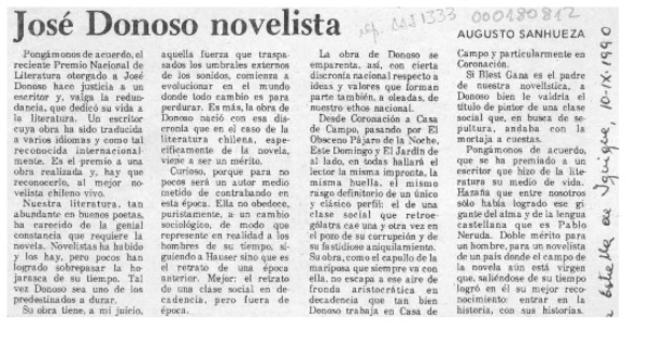 José Donoso novelista  [artículo] Augusto Sanhueza Vergara.
