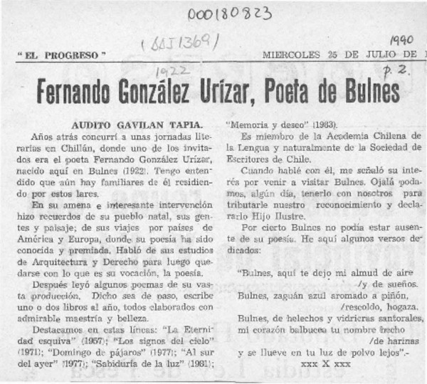 Fernando González Urízar, poeta de Bulnes  [artículo] Audito Gavilán Tapia.