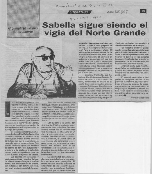 Sabella sigue siendo el vigía del Norte Grande  [artículo] Gerardo Claps Gallo.