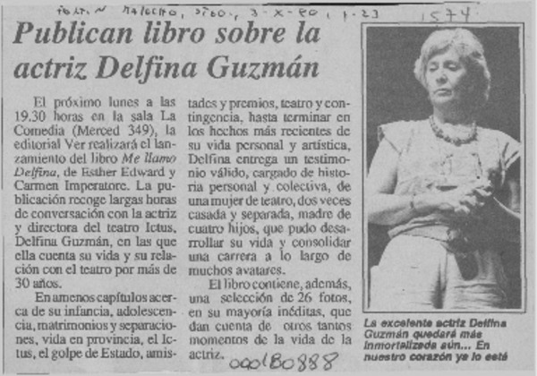 Publican libro sobre la actriz Delfina Guzmán  [artículo].