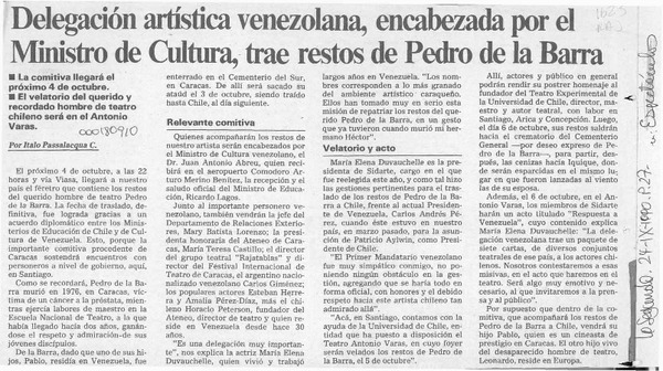 Delegación artística venezolana, encabezada por el Ministro de Cultura, trae restos de Pedro de la Barra  [artículo] Italo Passalacqua C.