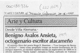 Benigno Avalos Ansieta, octogenario escritor atacameño  [artículo] Pedro Mardones Barrientos.