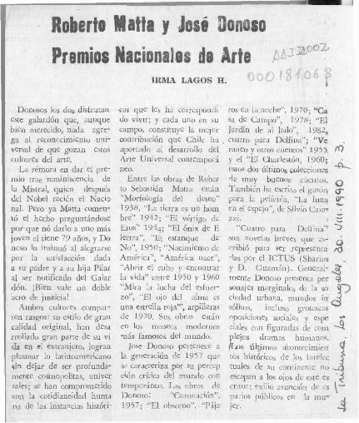 Roberto Matta y José Donoso, Premios Nacionales de Arte  [artículo] Irma Lagos H.