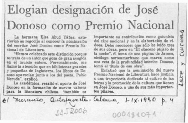 Elogian designación de José Donoso como Premio Nacional  [artículo].