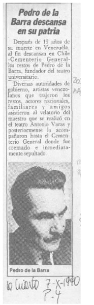 Pedro de la Barra descansa en su patria  [artículo].