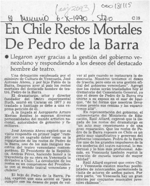 En Chile restos mortales de Pedro de la Barra  [artículo].