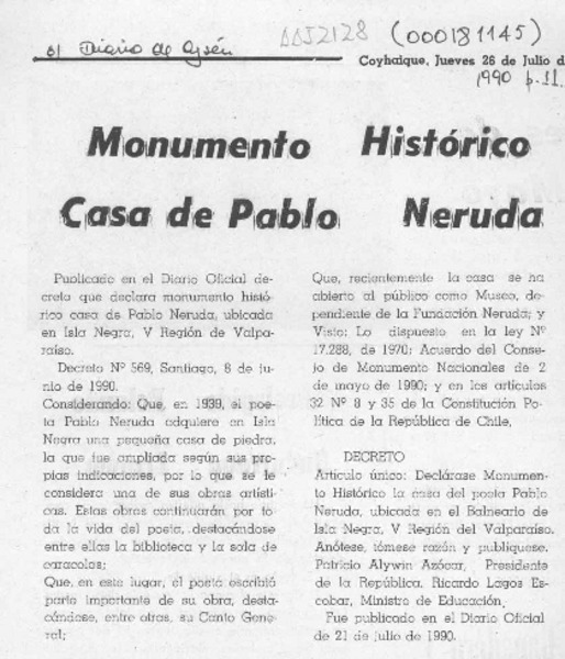 Monumento histórico casa de Pablo Neruda  [artículo].