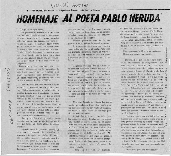 Homenaje al poeta Pablo Neruda