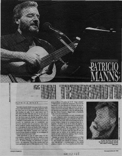 Patricio Manns, "Un terremoto para mi corazón"  [artículo] Patricia Bravo.