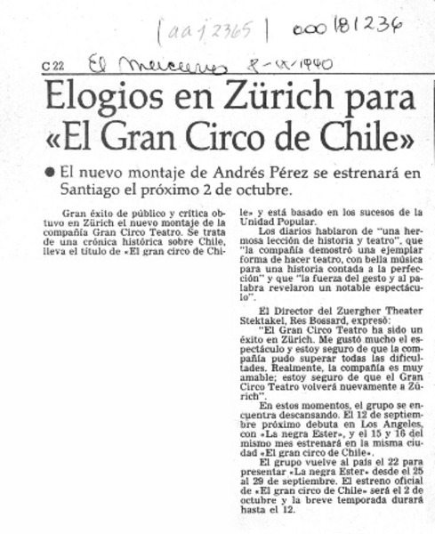 Elogios en Zürich para "El gran circo de Chile"  [artículo].