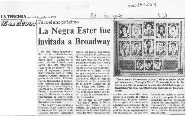 La Negra Ester fue invitada a Broadway  [artículo].