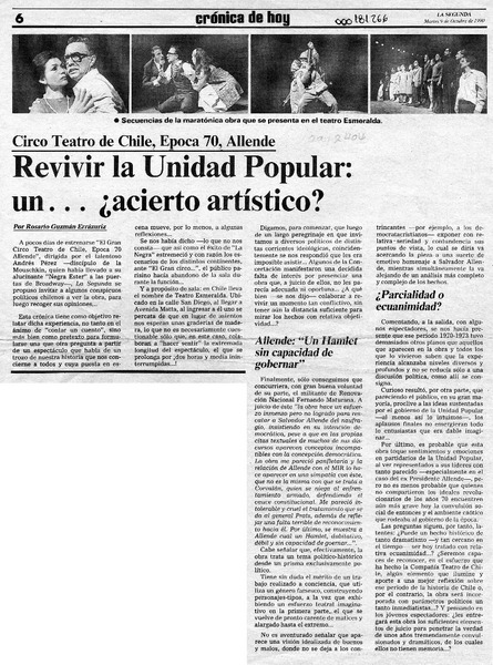 Revivir la Unidad Popular, un -- acierto artístico?  [artículo] Rosario Guzmán Errázuriz.