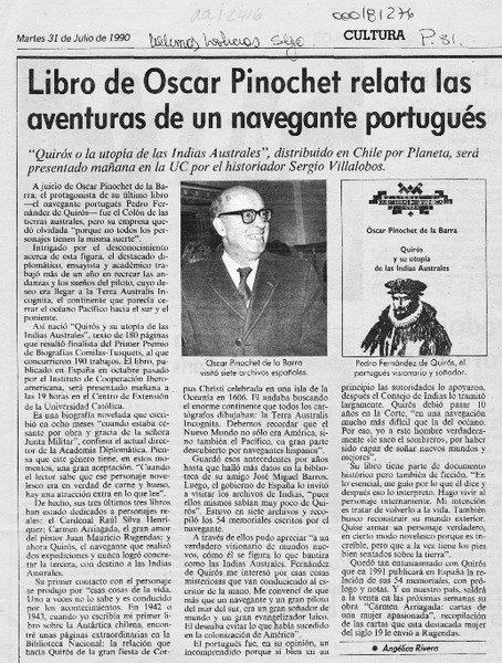 Libro de Oscar Pinochet relata las aventuras de un navegante portugués  [artículo] Angélica Rivera.