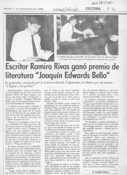 Escritor Ramiro Rivas ganó premio de literatura "Joaquín Edwards Bello"  [artículo] Angélica Rivera.