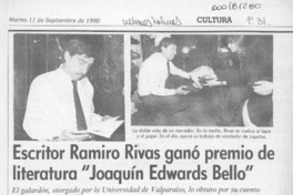 Escritor Ramiro Rivas ganó premio de literatura "Joaquín Edwards Bello"  [artículo] Angélica Rivera.
