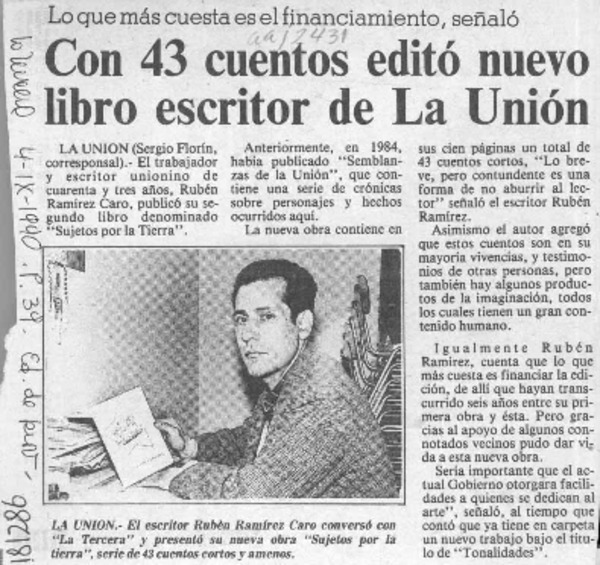 Con 43 cuentos editó nuevo libro escritor de La Unión  [artículo] Sergio Florín.