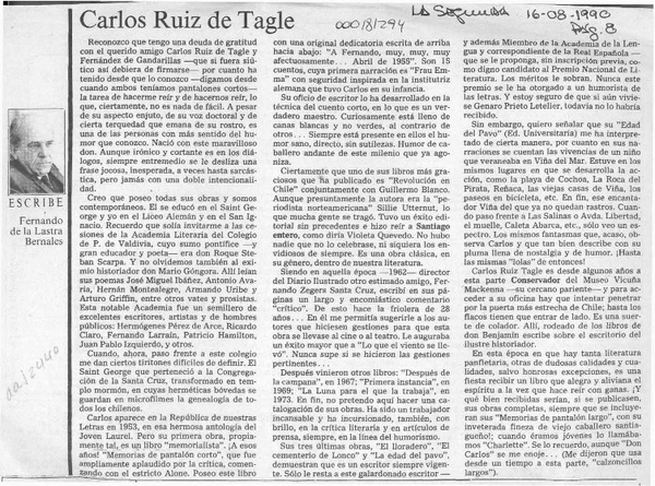 Carlos Ruiz-Tagle  [artículo] Fernando de la Lastra Bernales.