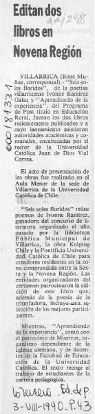 Editan dos libros en Novena Región  [artículo] René Muñoz.
