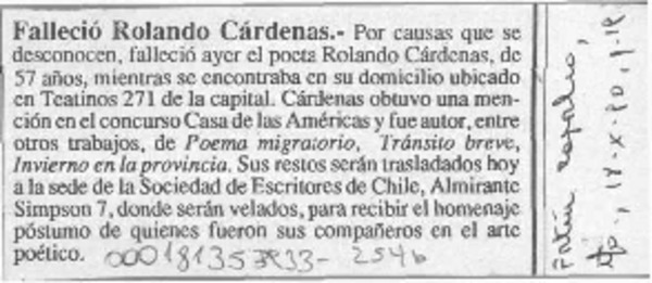 Falleció Rolando Cárdenas  [artículo].