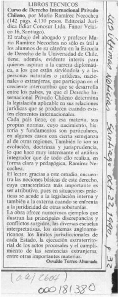 Curso de Derecho Internacional Privado Chileno  [artículo] Osvaldo Torres-Ahumada.