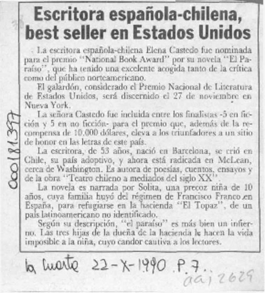 Escritora española-chilena, best seller en Estados Unidos  [artículo].