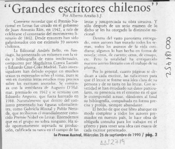 "Grandes escritores chilenos"  [artículo] Alberto Arraño.
