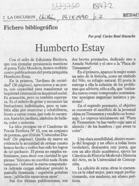 Humberto Estay  [artículo] Carlos René Ibacache.