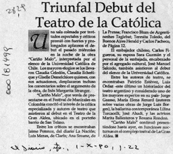 Triunfal debut del Teatro de la Católica  [artículo].
