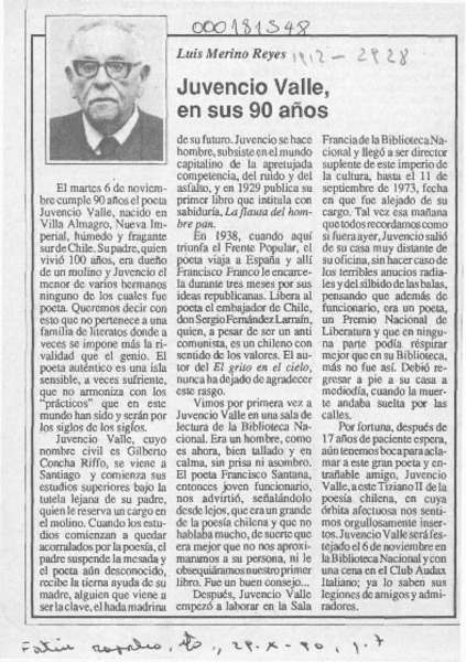 Juvencio Valle, en sus 90 años  [artículo] Luis Merino Reyes.