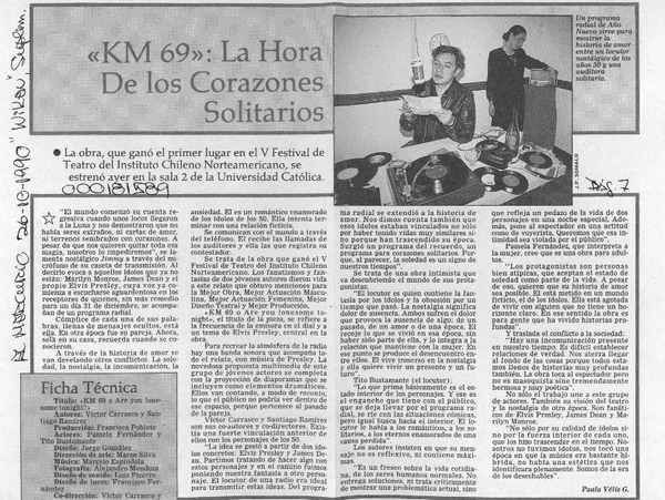 "KM 69", la hora de los corazones solitarios  [artículo] Paula Véliz G.