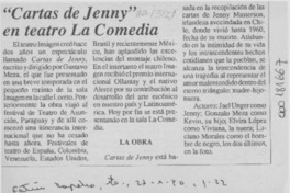 "Cartas de Jenny" en teatro La Comedia  [artículo].