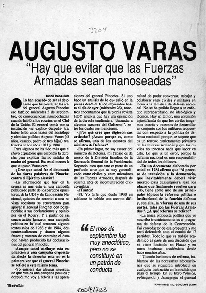 Augusto Varas "Hay que evitar que las Fuerzas Armadas sean manoseadas"  [artículo] María Irene Soto.