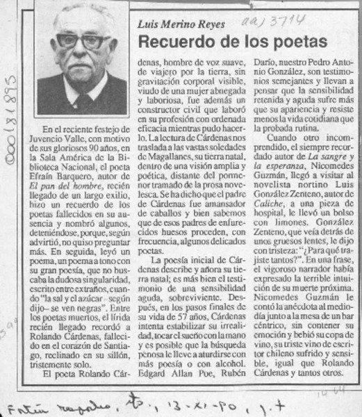 Recuerdo de los poetas  [artículo] Luis Merino Reyes.