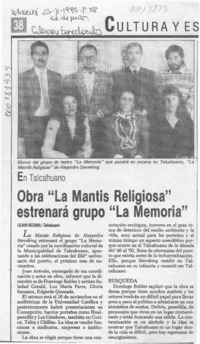 Obra "La mantis religiosa" estrenará grupo La Memoria  [artículo] Lilian Bizama.