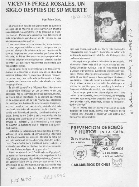 Vicente Pérez Rosales, un siglo después de su muerte  [artículo] Pablo Cassi.