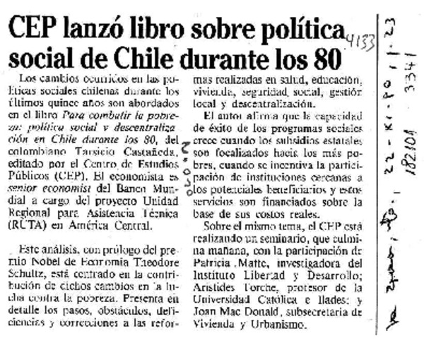 CEP lanzó libro sobre política social de Chile durante los 80  [artículo].