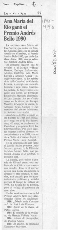 Ana María del Río ganó el Premio Andrés Bello 1990  [artículo].