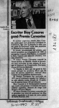 Escritor Bioy Casares ganó Premio Cervantes  [artículo].