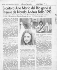 Escritora Ana María del Río ganó el Premio de Novela Andrés Bello 1990  [artículo].