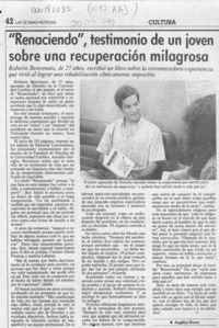 "Renaciendo", testimonio de un joven sobre una recuperación milagrosa  [artículo] Angélica Rivera.