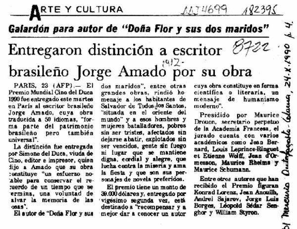 Entregaron distinción a escritor brasileño Jorge Amado por su obra  [artículo].